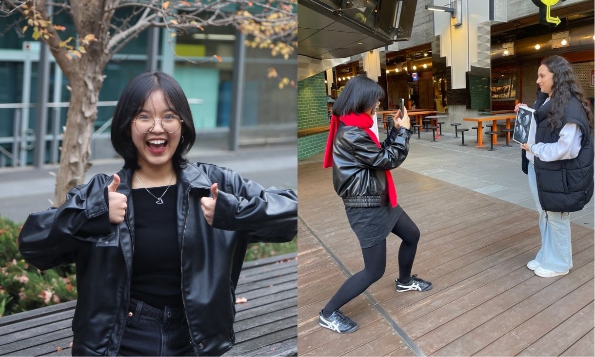 Two images showing young Vietnamese  student with her thumbs up smiling and the second image shows the student filming a young girl on campus for a social media post.